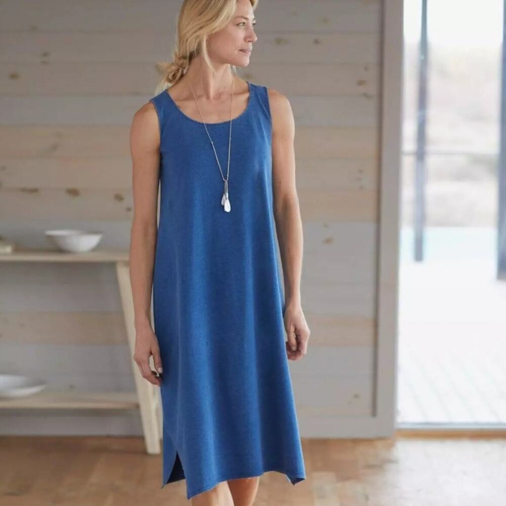J.JILL Pure Jill Indigo Denim Chambray Blue Cotton Swing Midi Dress Spring Sz XS - Picture 1 of 11